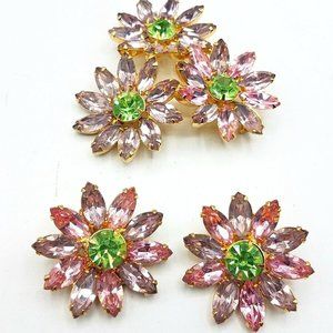 Big Vintage La Roco Crystal Rhinestone Glass Flower Brooch Clip On Earrings Set